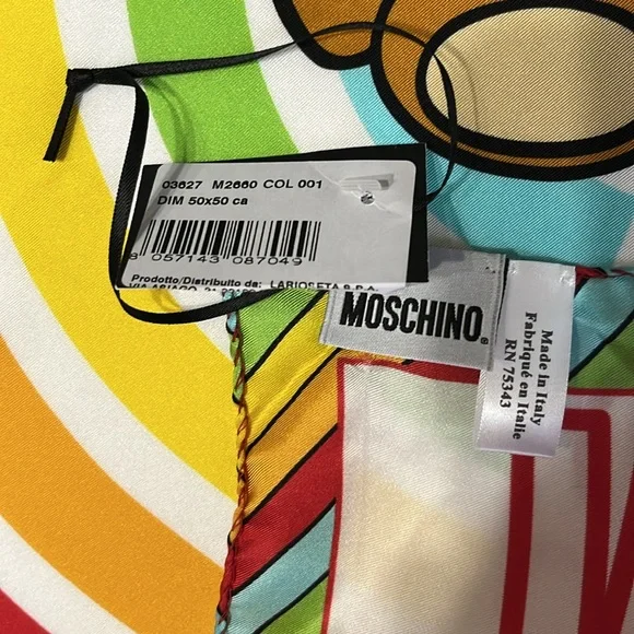 Moschino Rainbow Toy Bear Scarf Silk made in Italy 20in x 20in NWT - Picture 7 of 8